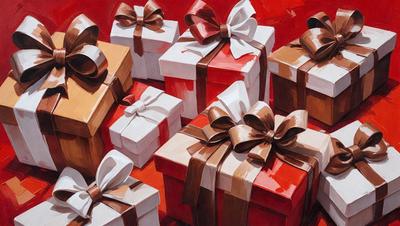 The primary subject of the image is a collection of wrapped presents. The presents are placed on a red surface, which adds a vibrant and festive touch to the scene. The visual style of the image is a painting, which gives it a more artistic and detailed appearance. The colors and mood of the painting are predominantly warm and inviting, with the red background and the brown and white colors of the presents creating a sense of warmth and celebration.
